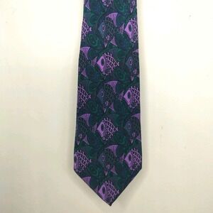 Men's 100% Silk Neck Tie Fish Pattern Made in Italy 57" x 3" Teal Purple